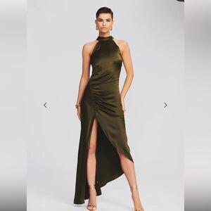 Retrofete Sab Dress army green satin goddess maxi gown high slit Revolve NWT L